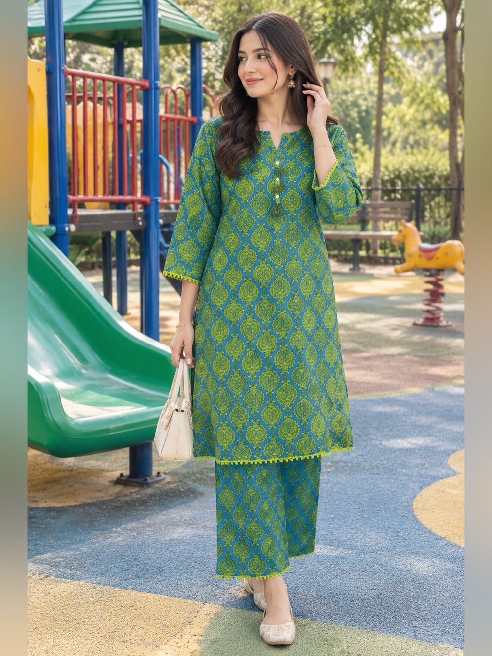 KHAADI Green Printed Wide-Leg Pants with Matching Kurta - Elegant Everyday Set